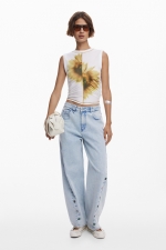 Top crem casual cu imprimeu floral multicolor