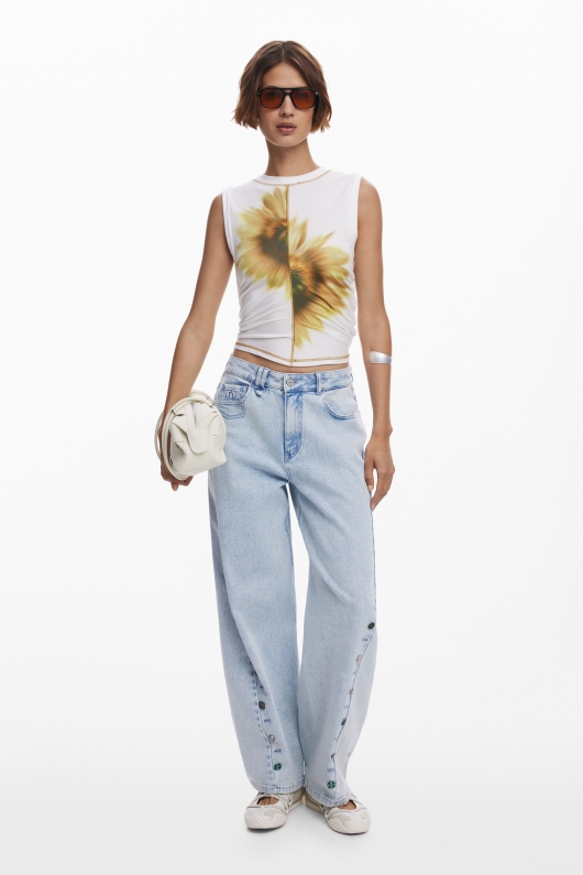 Top crem casual cu imprimeu floral multicolor