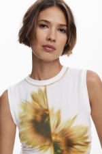 Top crem casual cu imprimeu floral multicolor