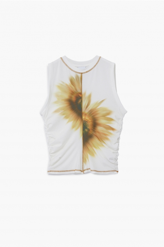 Top crem casual cu imprimeu floral multicolor