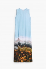 Rochie bleu plisată cu imprimeu peisaj