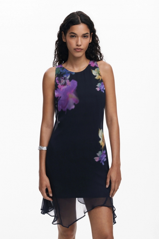 Rochie voal negru cu print floral și tulle
