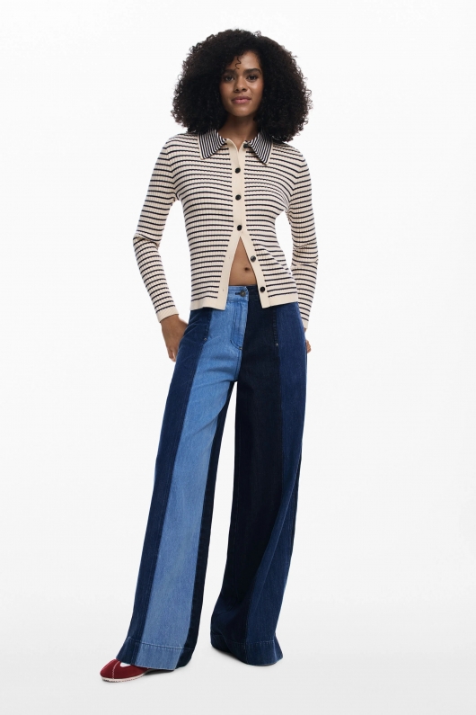 Jeans wide leg patchwork din denim albastru