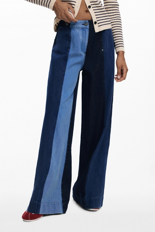 Jeans wide leg patchwork din denim albastru