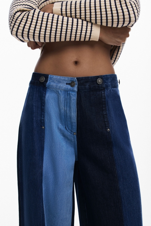 Jeans wide leg patchwork din denim albastru