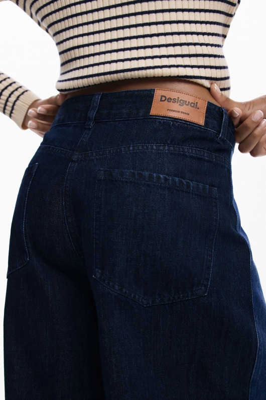 Jeans wide leg patchwork din denim albastru