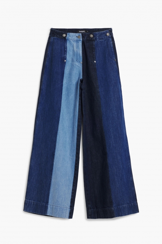 Jeans wide leg patchwork din denim albastru