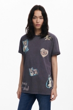 Tricou gri cu mâneci scurte și print pisici