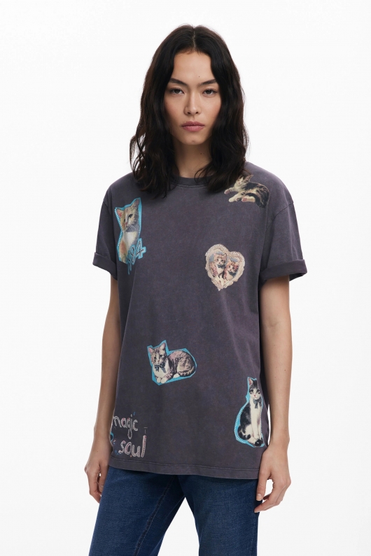 Tricou gri cu mâneci scurte și print pisici