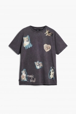 Tricou gri cu mâneci scurte și print pisici