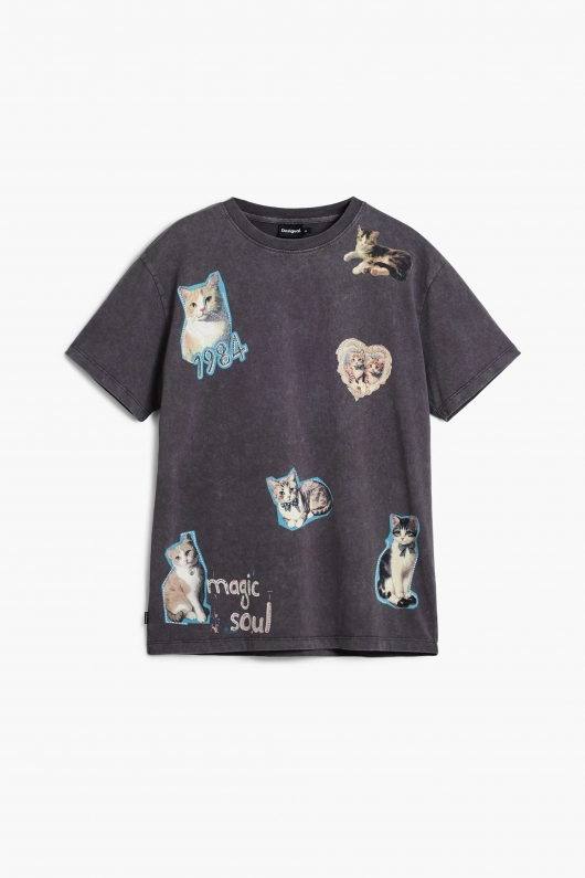 Tricou gri cu mâneci scurte și print pisici