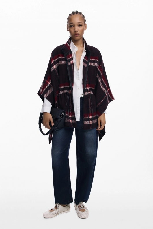 Poncho scurt tartan cu guler înalt și fermoar