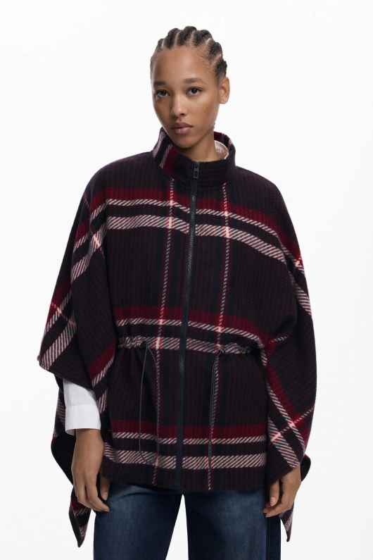 Poncho scurt tartan cu guler înalt și fermoar