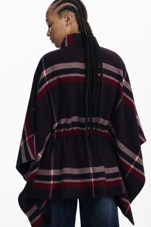 Poncho scurt tartan cu guler înalt și fermoar
