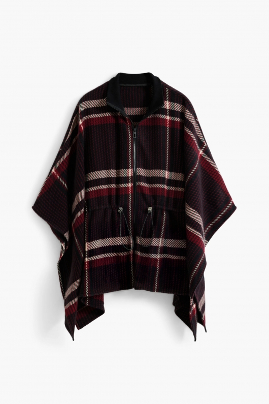 Poncho scurt tartan cu guler înalt și fermoar