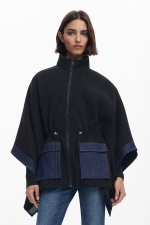 Poncho bicolor denim cu glugă și fermoar
