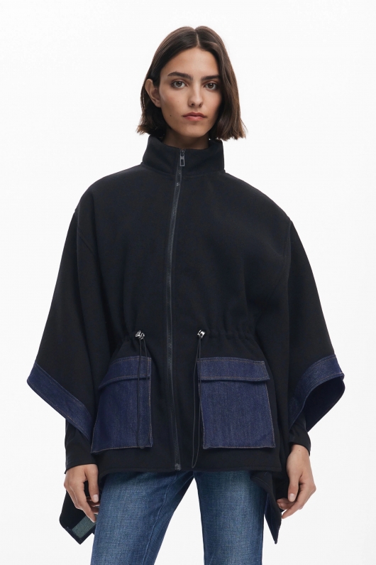 Poncho bicolor denim cu glugă și fermoar