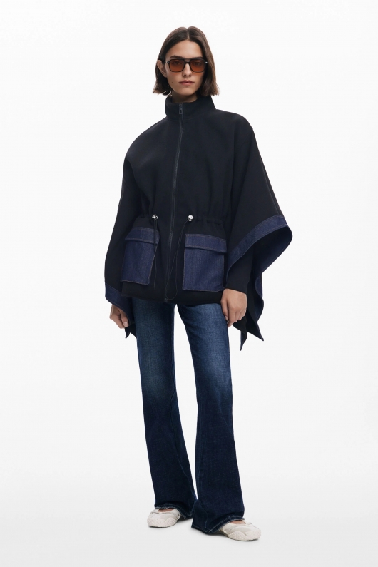 Poncho bicolor denim cu glugă și fermoar