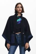 Poncho bicolor denim cu glugă și fermoar