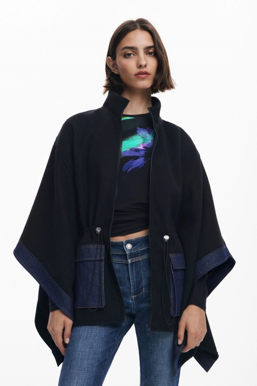Poncho bicolor denim cu glugă și fermoar