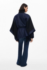 Poncho bicolor denim cu glugă și fermoar