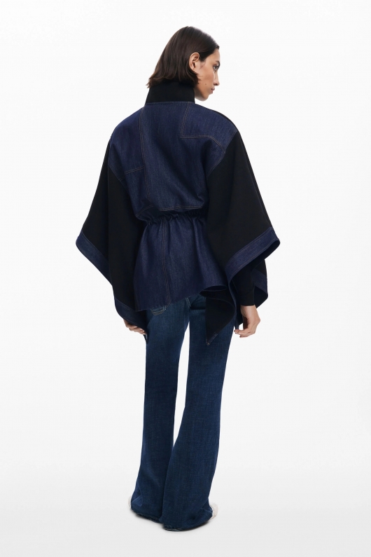 Poncho bicolor denim cu glugă și fermoar