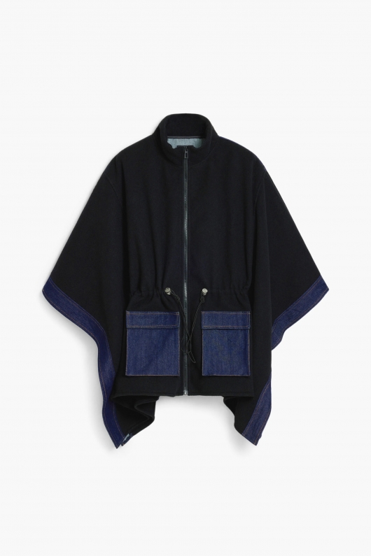 Poncho bicolor denim cu glugă și fermoar