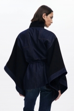 Poncho bicolor denim cu glugă și fermoar