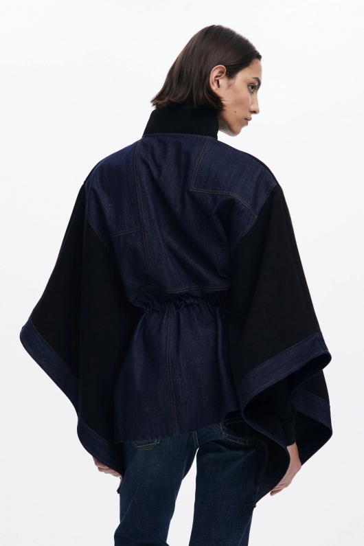 Poncho bicolor denim cu glugă și fermoar
