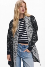 Poncho alb-negru jacquard cu print floral reversibil