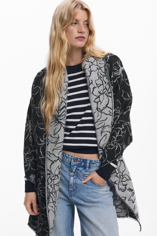 Poncho alb-negru jacquard cu print floral reversibil