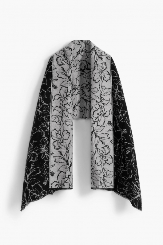Poncho alb-negru jacquard cu print floral reversibil