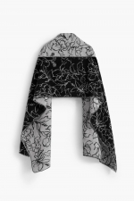 Poncho alb-negru jacquard cu print floral reversibil