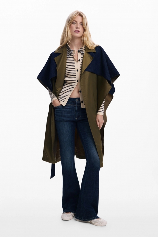 Poncho lung kaki cu inserții denim și glugă