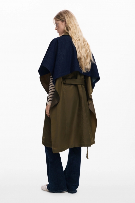 Poncho lung kaki cu inserții denim și glugă