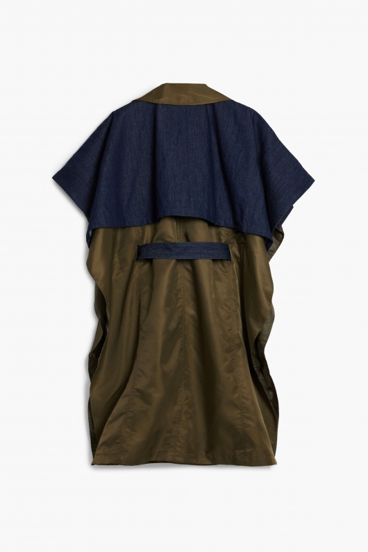 Poncho lung kaki cu inserții denim și glugă
