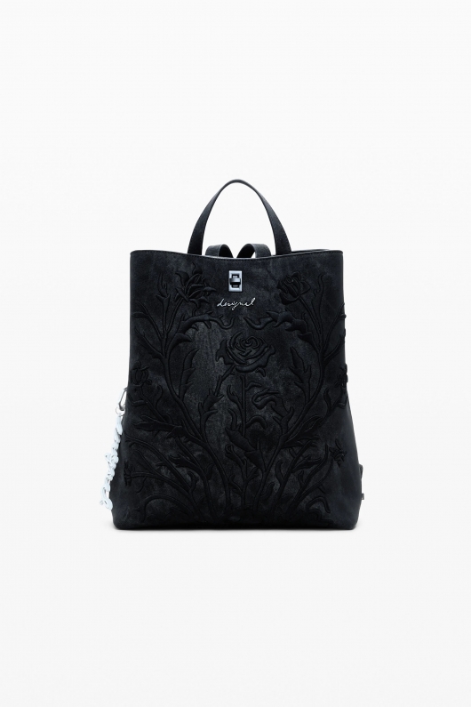 Rucsac mic negru cu flori 3D din piele eco