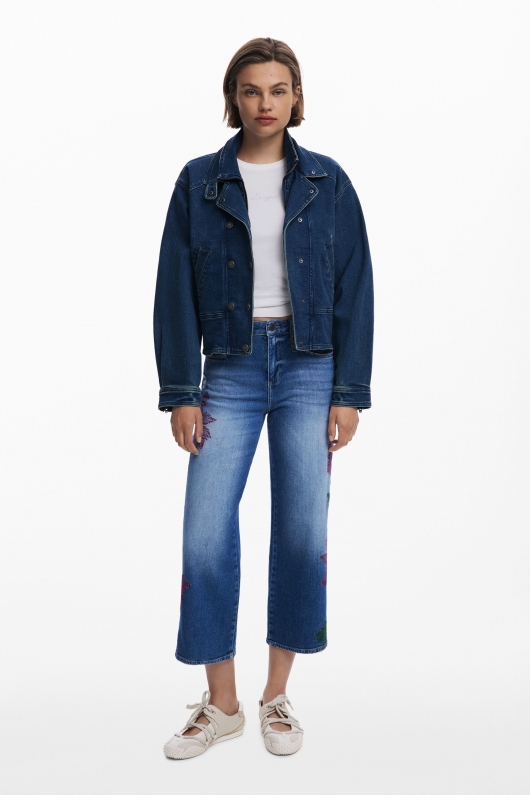 Pantaloni culotte din denim albastru spălat cu broderie
