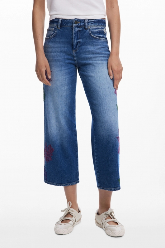 Pantaloni culotte din denim albastru spălat cu broderie