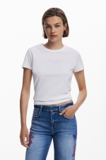 Pantaloni culotte din denim albastru spălat cu broderie