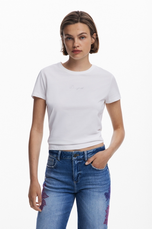 Pantaloni culotte din denim albastru spălat cu broderie