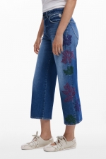 Pantaloni culotte din denim albastru spălat cu broderie