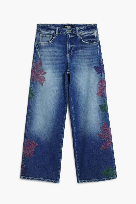 Pantaloni culotte din denim albastru spălat cu broderie