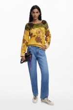 Pantaloni denim albastru cu broderie florală