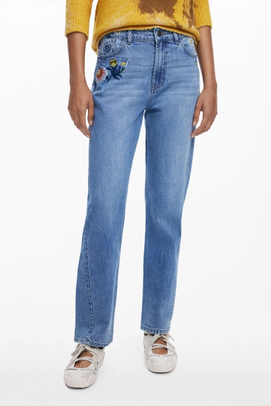 Pantaloni denim albastru cu broderie florală