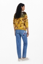 Pantaloni denim albastru cu broderie florală