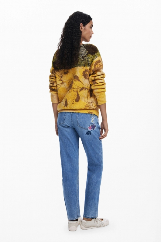 Pantaloni denim albastru cu broderie florală