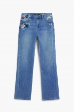 Pantaloni denim albastru cu broderie florală