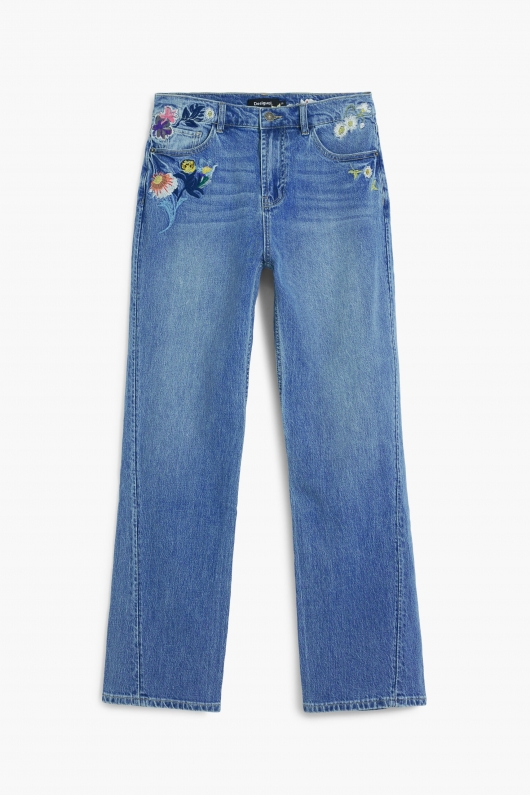 Pantaloni denim albastru cu broderie florală