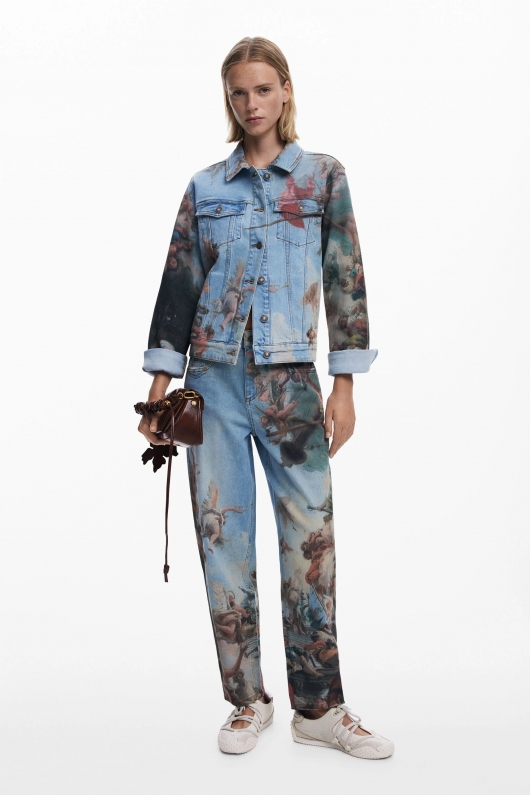 Pantaloni denim conici cu imprimeu renascentist